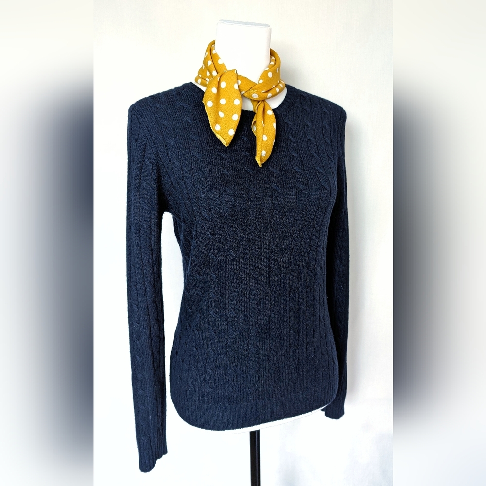 J Crew Navy Blue Crew Neck Cable Knit Sweater, Wool/Cashmere/Angora, M